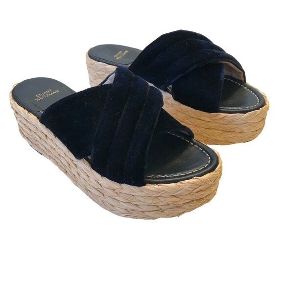 Stuart Weitzman Pufftopraffia Wedge Espadrille Sandals Womens 7 Navy Blue Velvet - Picture 2 of 11